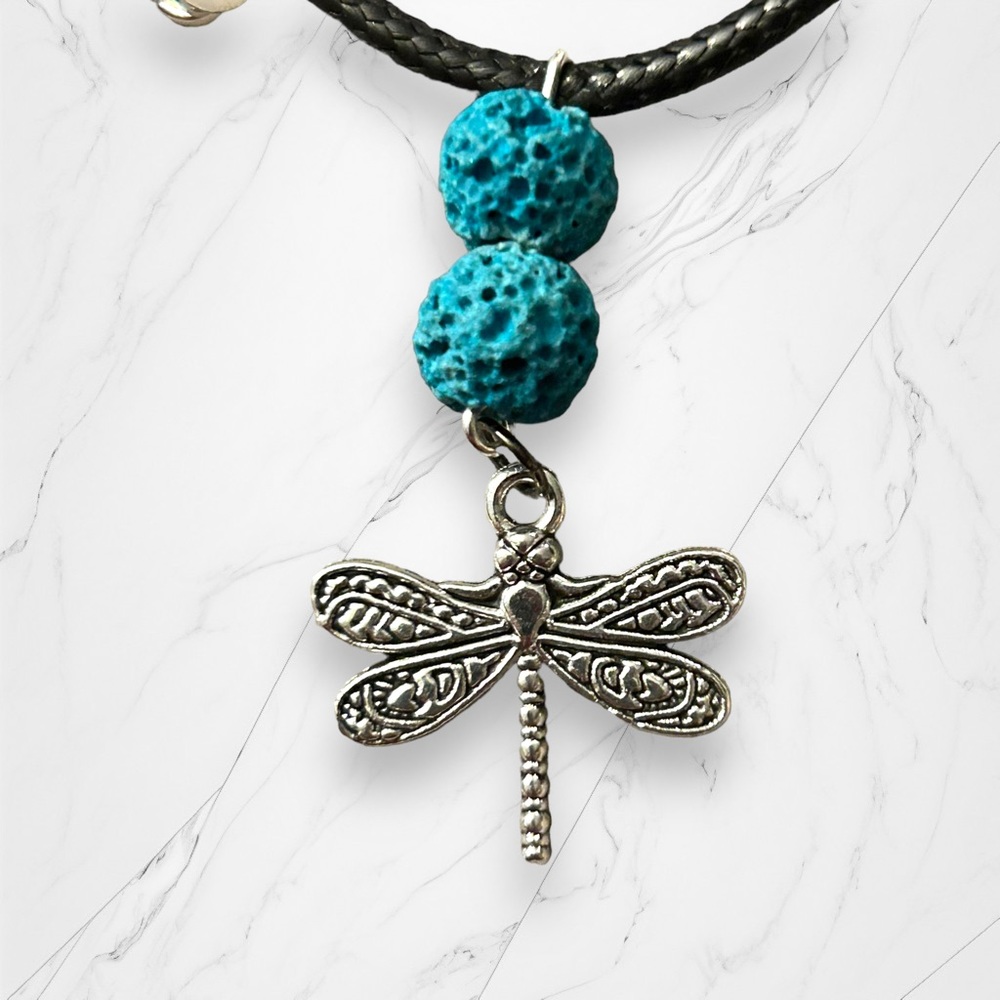 Hand Crafted Necklace Lava Dragonfly Dangle Silver Turquoise Summer - Picture 2 of 3